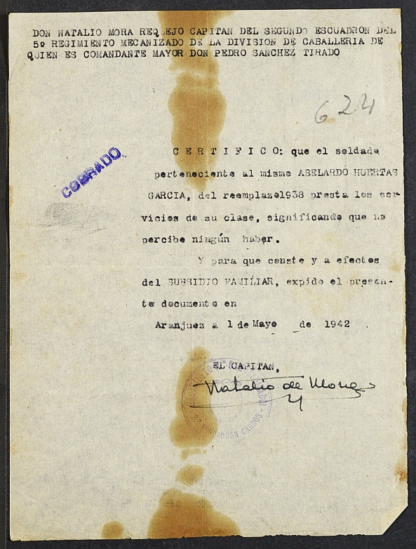 Expediente nº 624/1941 de beneficiario del subsidio al combatiente de Abelardo Huertas García